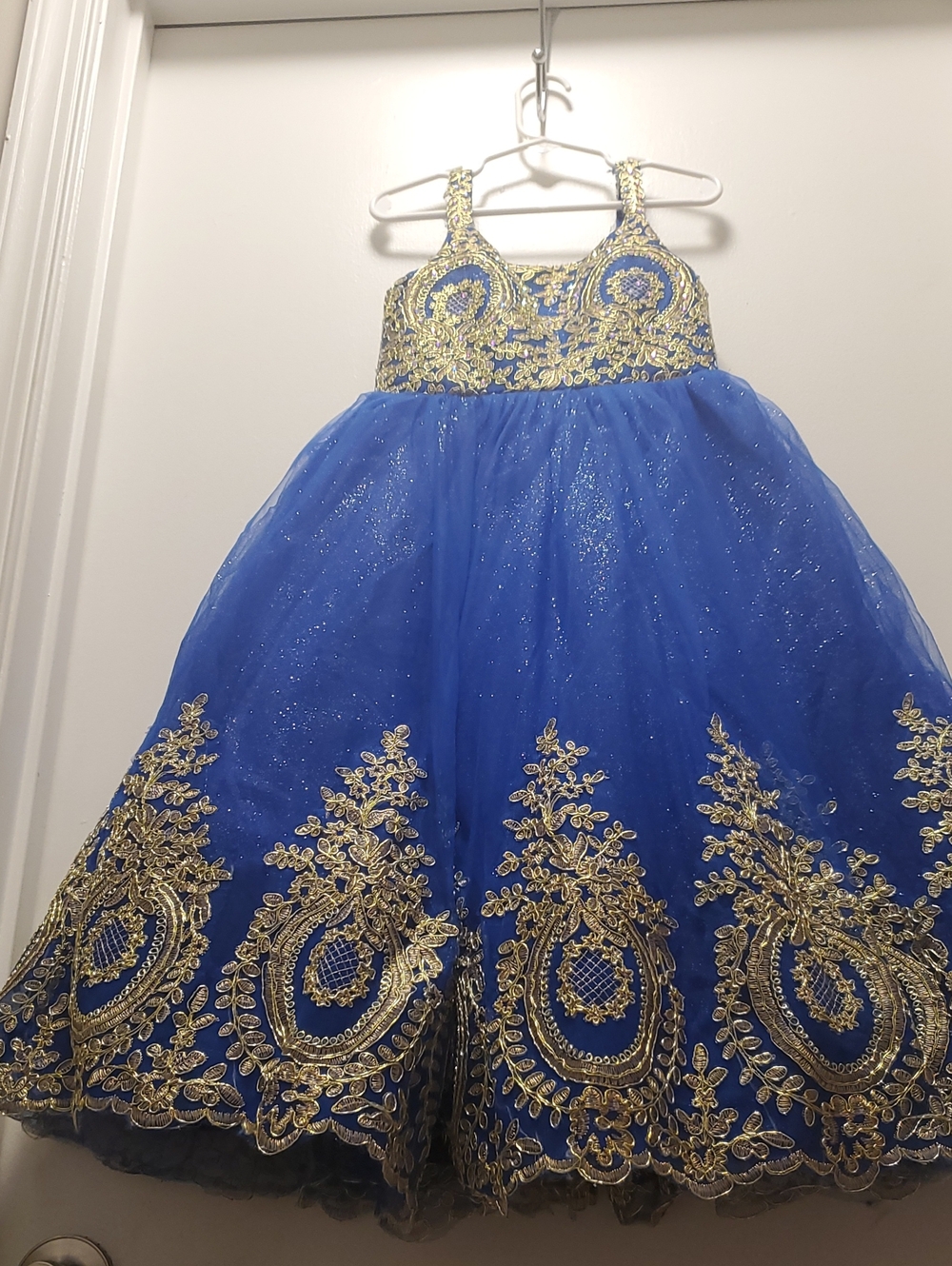PrettyLittleThing Royal Blue and Gold Embroidered Tulle Dress